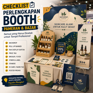 Checklist perlengkapan booth pameran dan bazar — backdrop, roll up banner, rak display, price tag, brosur, dan stiker untuk tampil profesional di event