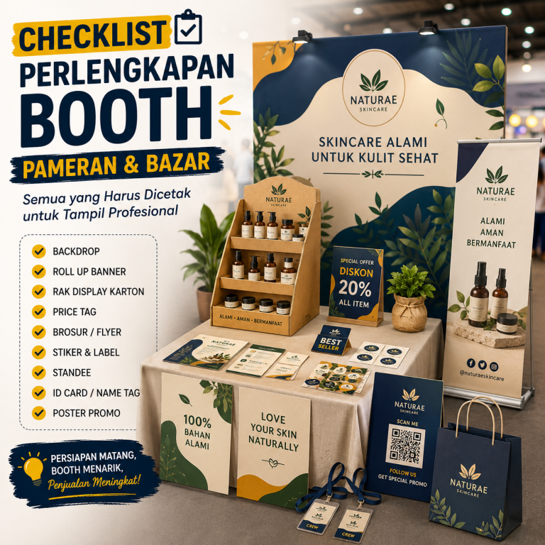 Checklist perlengkapan booth pameran dan bazar — backdrop, roll up banner, rak display, price tag, brosur, dan stiker untuk tampil profesional di event