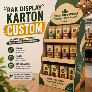 Rak display karton corrugated custom full color branded untuk booth bazar dan toko retail UMKM Indonesia