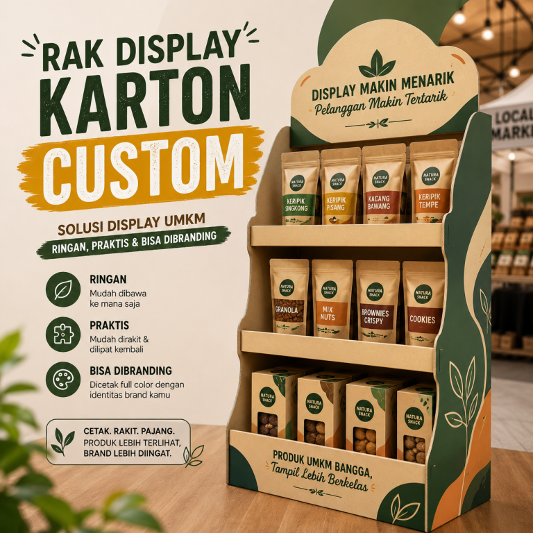 Rak display karton corrugated custom full color branded untuk booth bazar dan toko retail UMKM Indonesia